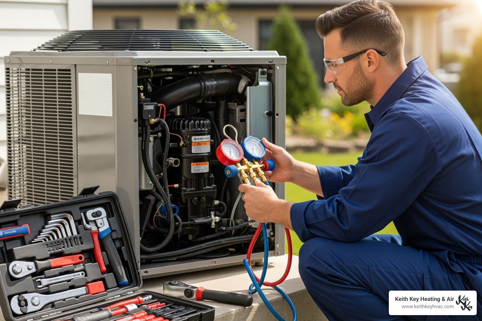 A certified HVAC technician working on an AC compressor with specialized tools - ac compressor replacement leon county