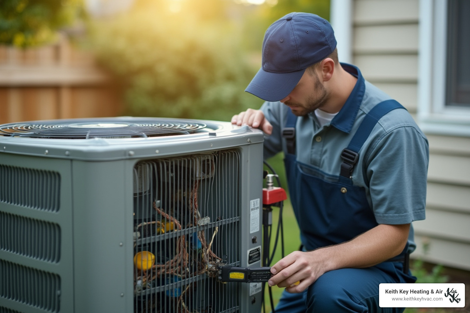 A certified technician inspecting the internal components of an outdoor AC unit - ac compressor replacement leon county