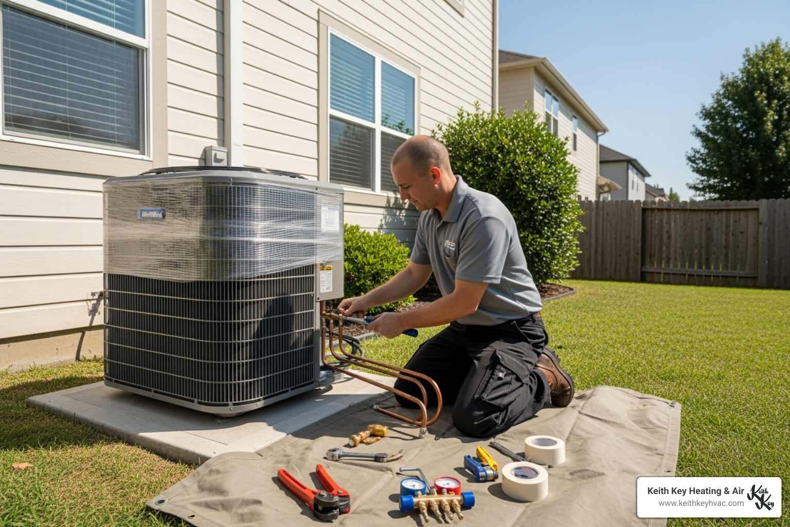 technician installing an outdoor HVAC unit - hvac system replacement franklin county