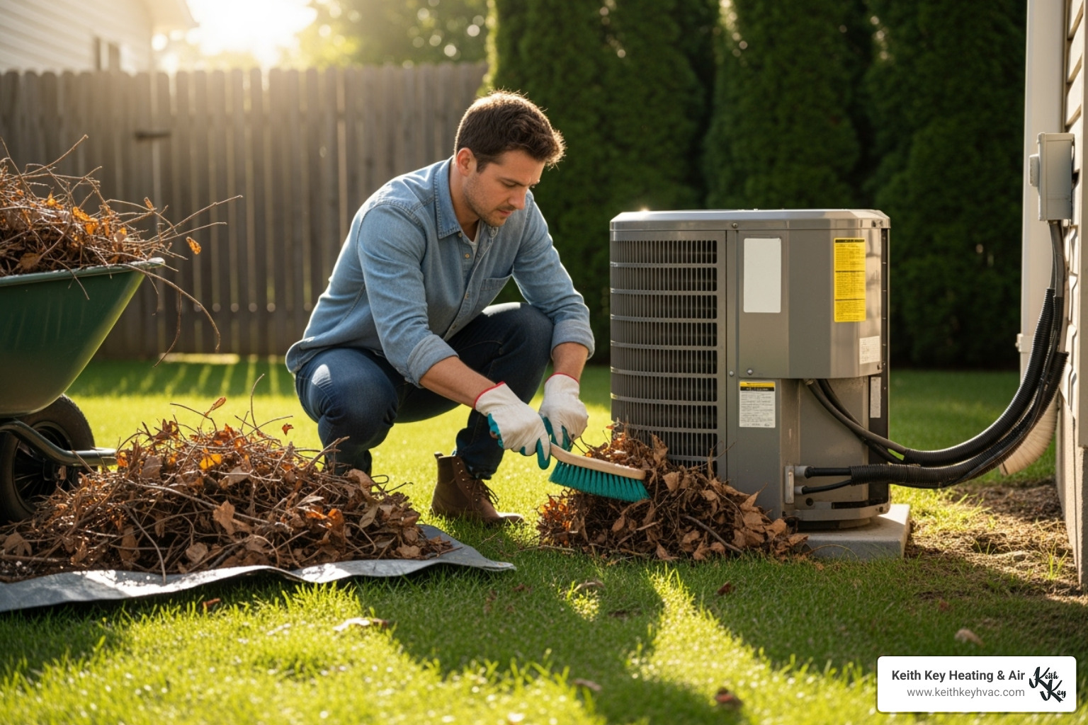 Homeowner clearing leaves away from their AC unit - ac condenser repair franklin county