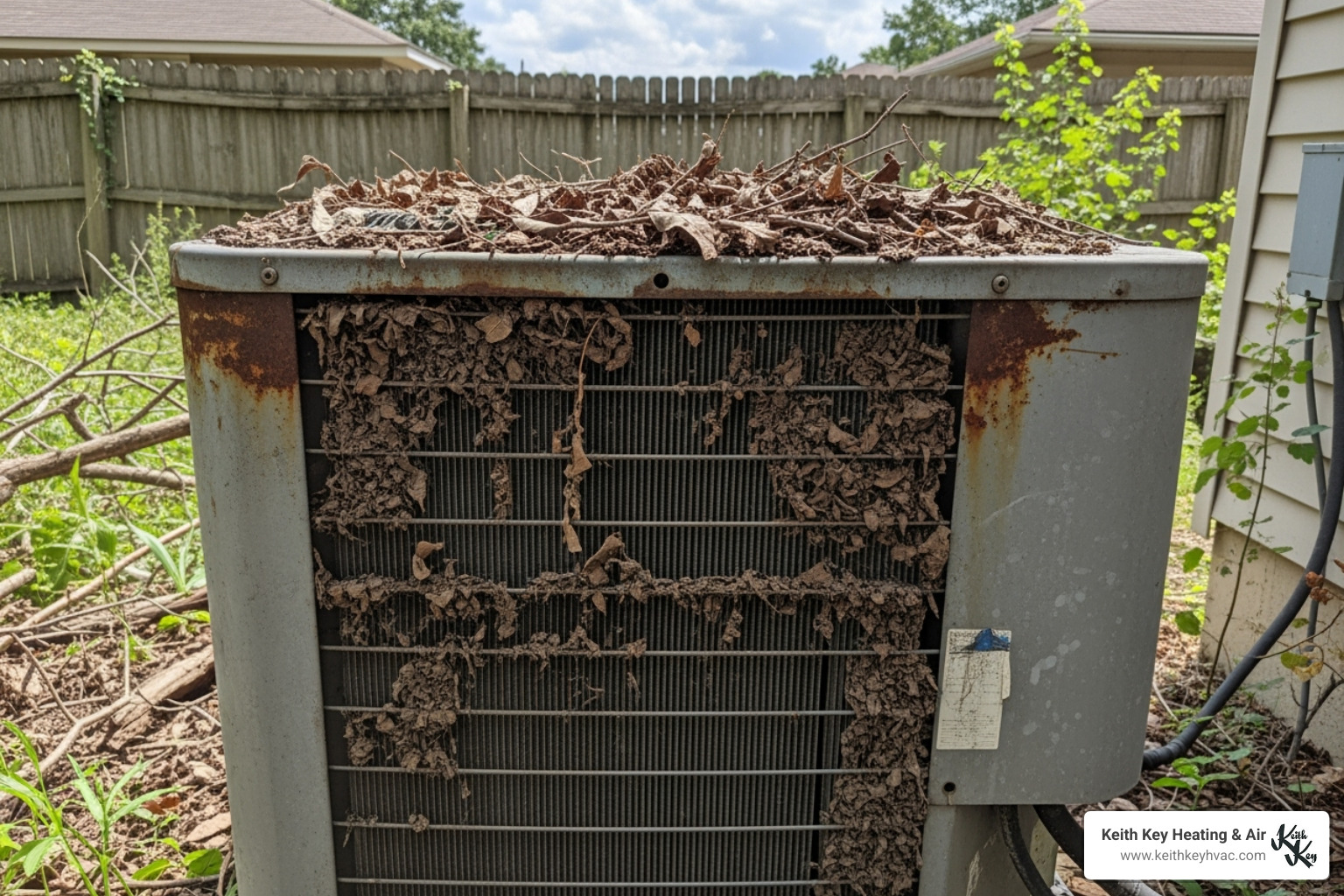Dirty and debris-covered AC condenser unit - ac condenser repair franklin county