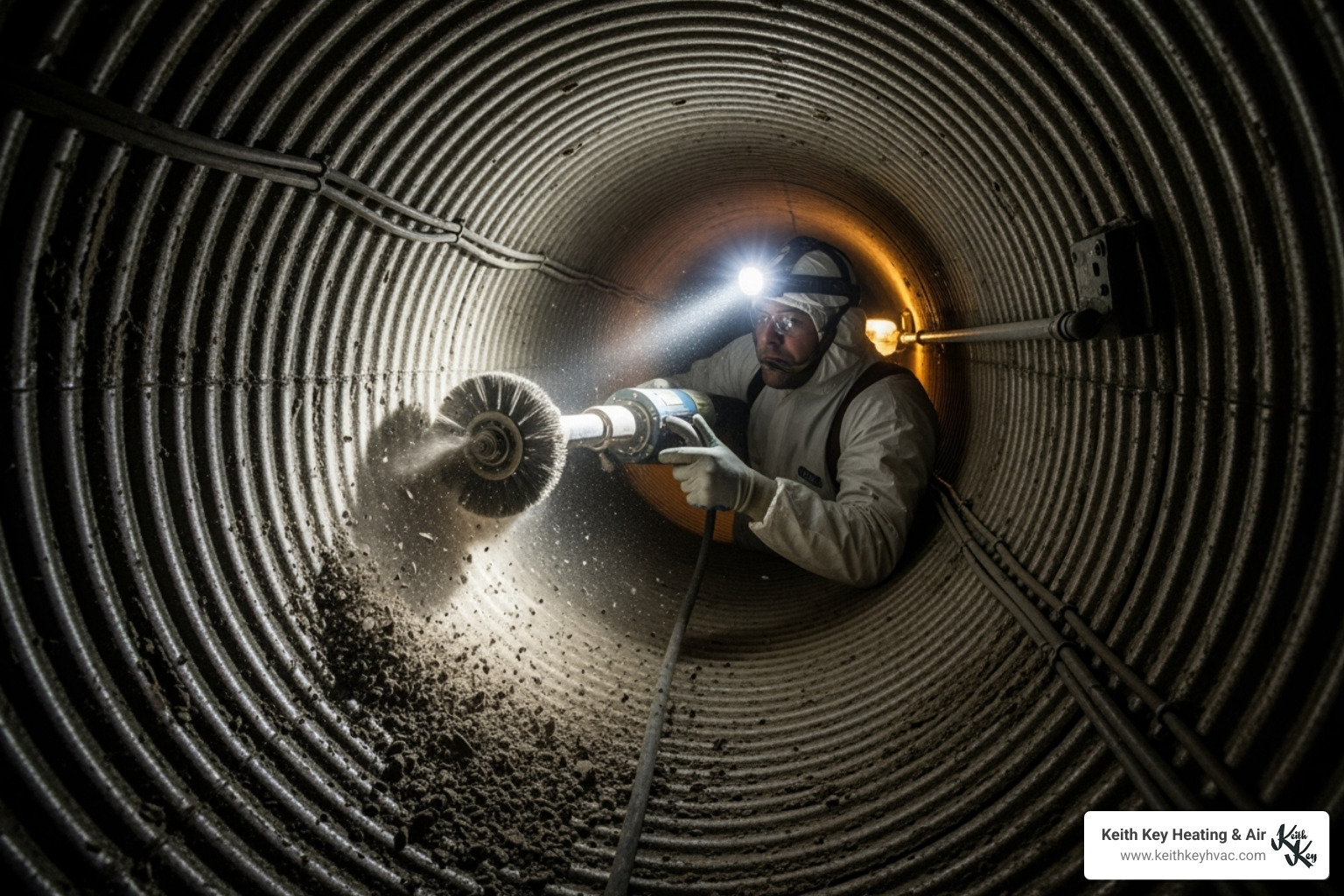 A technician expertly using a rotary brush inside a dark air duct to dislodge accumulated debris - duct cleaning service tallahassee