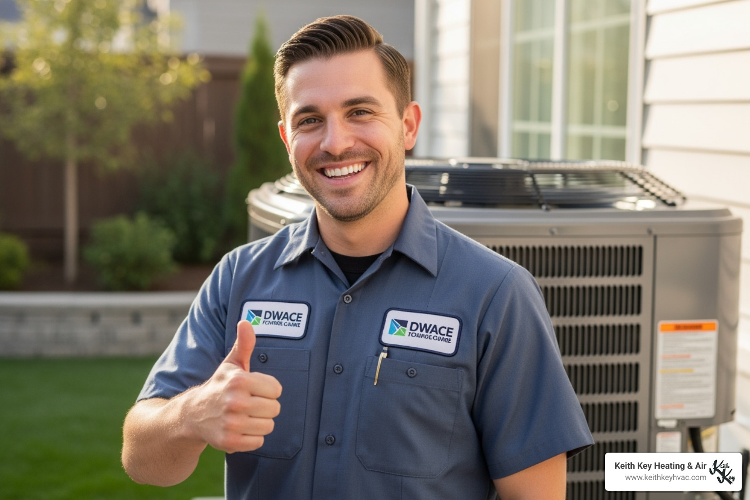 Friendly HVAC technician smiling and giving a thumbs up - commercial heat pump installation leon county