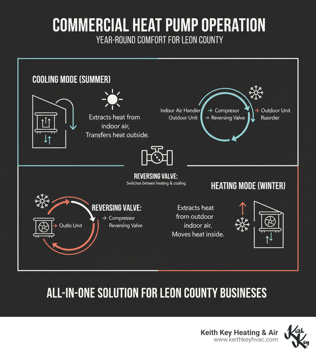 Infographic showing how a commercial heat pump works: In cooling mode, the system extracts heat from indoor air and transfers it outside. In heating mode, it reverses the process, extracting heat from outdoor air and moving it inside. The refrigerant cycle flows through an outdoor unit, indoor air handler, and compressor. Key components include the reversing valve that switches between heating and cooling modes, making it an all-in-one year-round solution for Leon County businesses. - commercial heat pump installation leon county infographic 