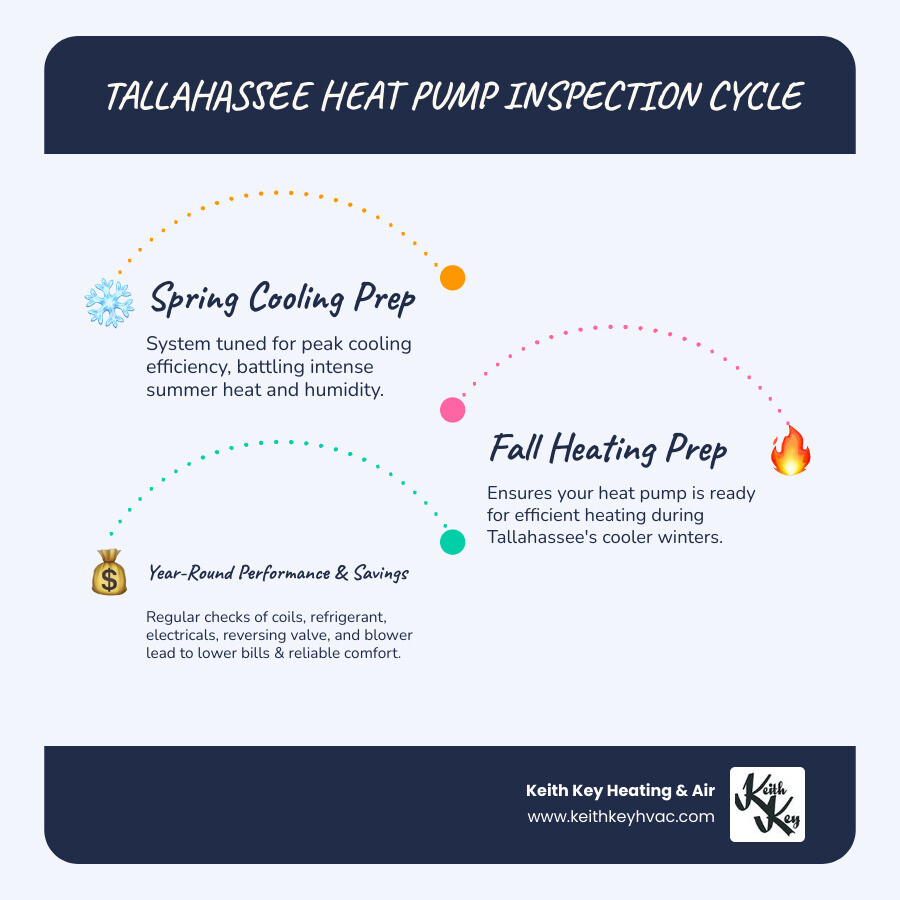 Infographic showing the heat pump inspection process: spring tune-up prepares cooling system, fall tune-up prepares heating system, with key components checked including thermostat, electrical connections, refrigerant levels, coils, reversing valve, and blower assembly, resulting in lower energy bills and reliable year-round comfort - heat pump inspections tallahassee infographic infographic-line-3-steps-blues-accent_colors