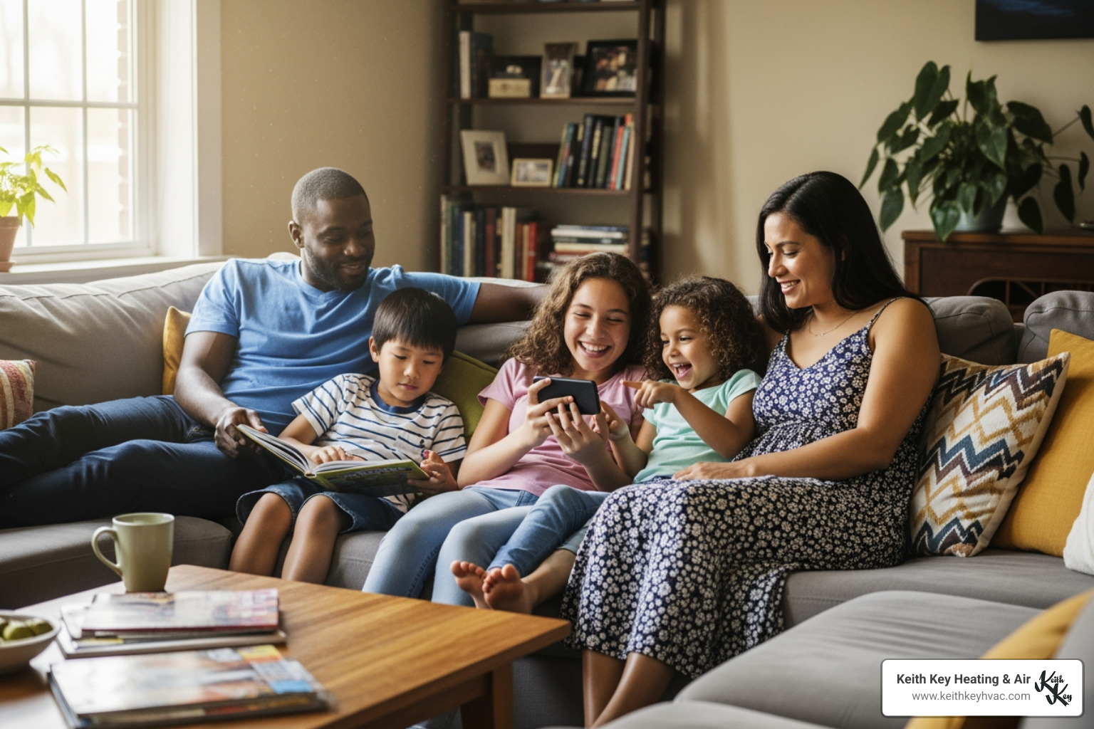 Family comfortably relaxing in their living room - heat pump inspections tallahassee