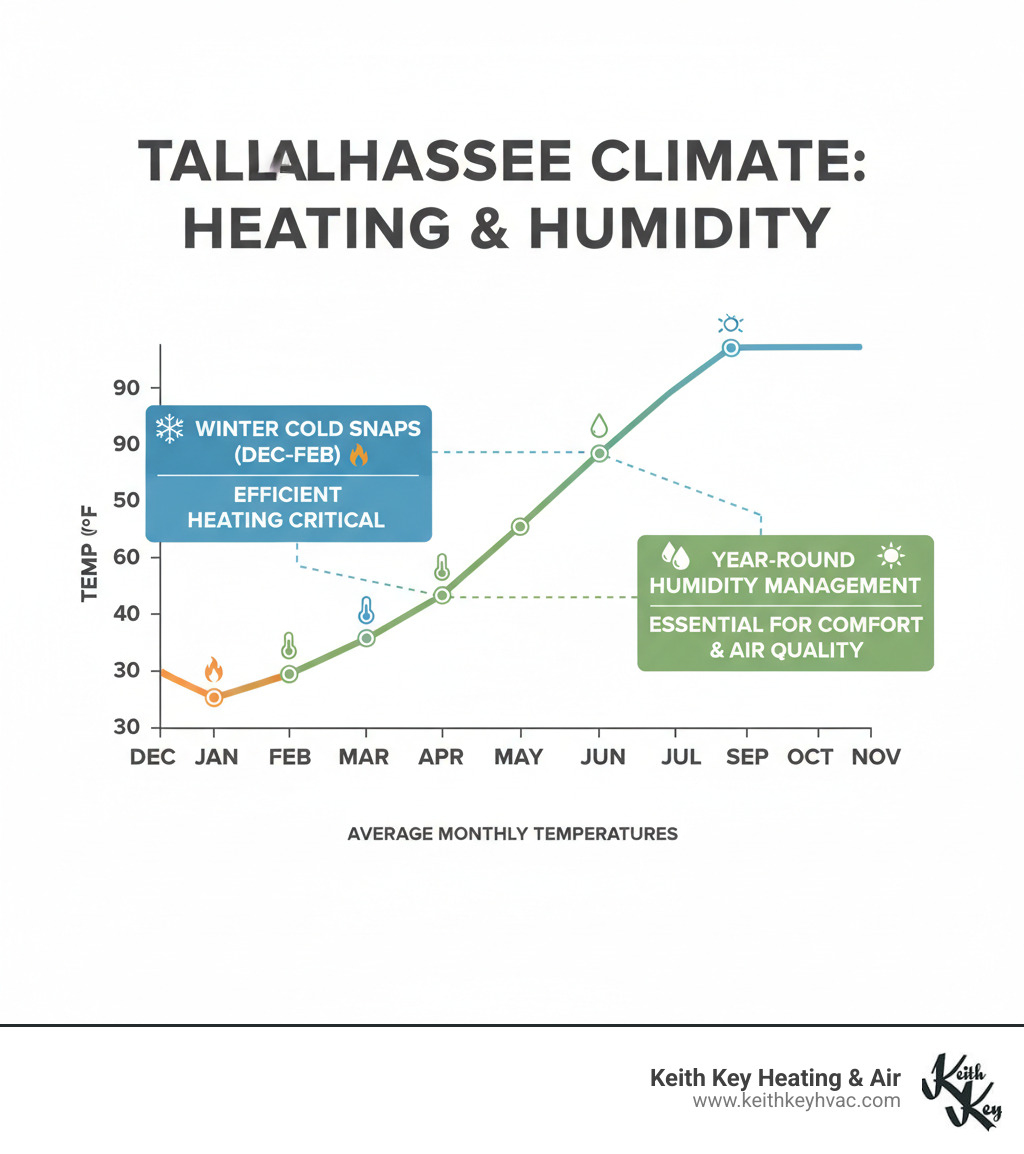 Infographic showing Tallahassee's average monthly temperatures ranging from winter lows in the 30s-40s°F to summer highs in the 90s°F, with callouts highlighting the need for both efficient heating during December-February cold snaps and year-round humidity management - heating contractors tallahassee fl infographic 