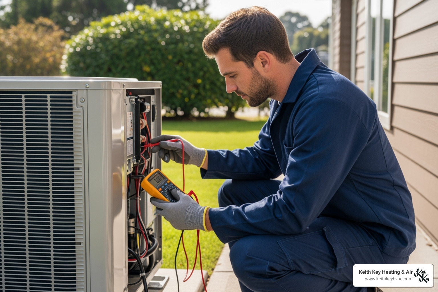 A technician inspecting the outdoor unit of a heat pump - heating repair service leon county