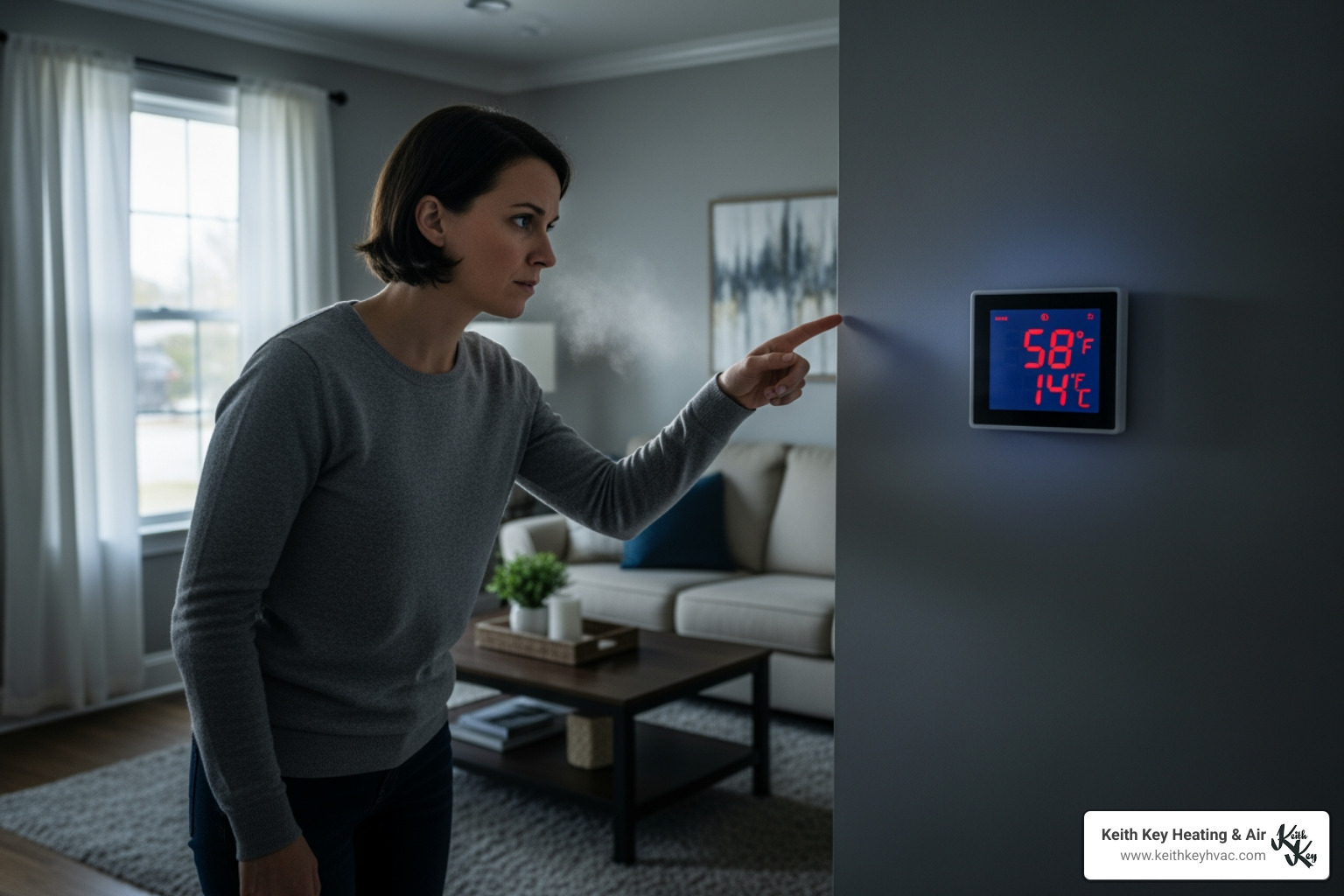 Infographic showing 5 critical signs your heating system needs immediate repair in Leon County: 1. No heat when thermostat is set to heat mode, 2. Burning smell or gas odor coming from vents or unit, 3. Unusual noises like banging, screeching, or grinding, 4. Water pooling around indoor or outdoor unit, 5. Energy bills suddenly spiking without explanation - heating repair service leon county