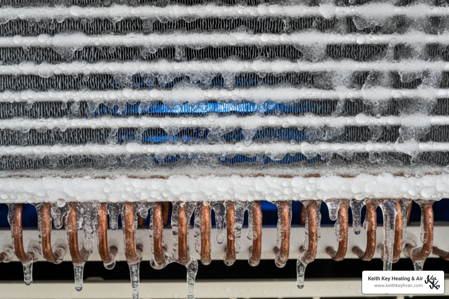 A thick layer of ice covers an AC evaporator coil, indicating a serious system malfunction - 24 hour AC repair A thick layer of ice covers an AC evaporator coil, indicating a serious system malfunction - 24 hour AC repair
