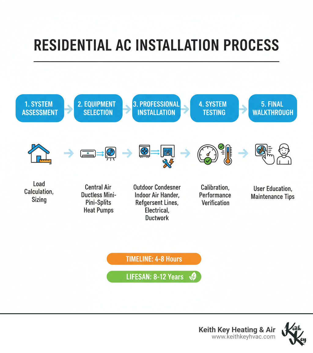 Detailed infographic showing the complete residential AC installation process from initial assessment through final testing, including equipment types, installation timeline, and key components like outdoor condenser units, indoor air handlers, refrigerant lines, and thermostat connections - Residential AC installation infographic 