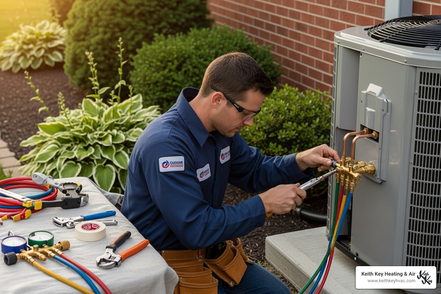Image of a technician carefully connecting an outdoor condenser unit, highlighting the precision and expertise involved in professional AC installation - Residential AC installation