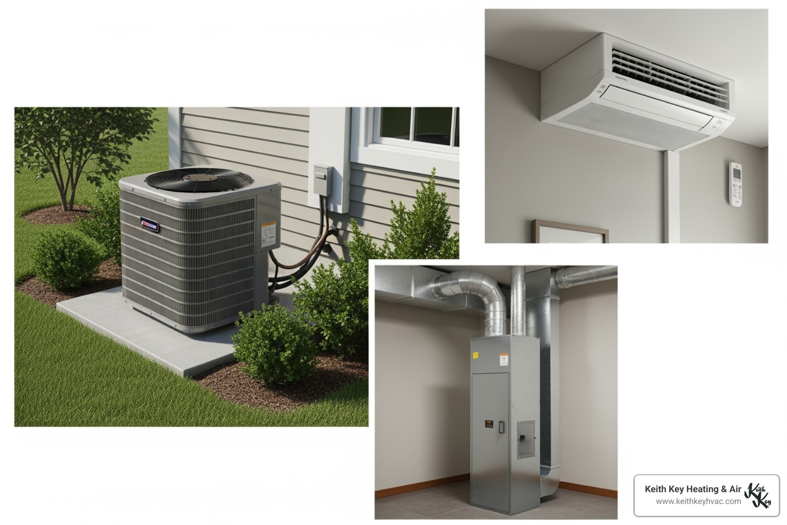 Image showing different types of AC units including a central air condenser, an indoor air handler, and a ductless mini-split indoor unit - Residential AC installation