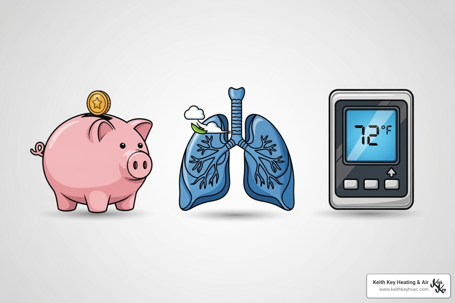 icon set showing benefits: a piggy bank for savings, a lung for air quality, and a thermostat for comfort - erv system installation tallahassee