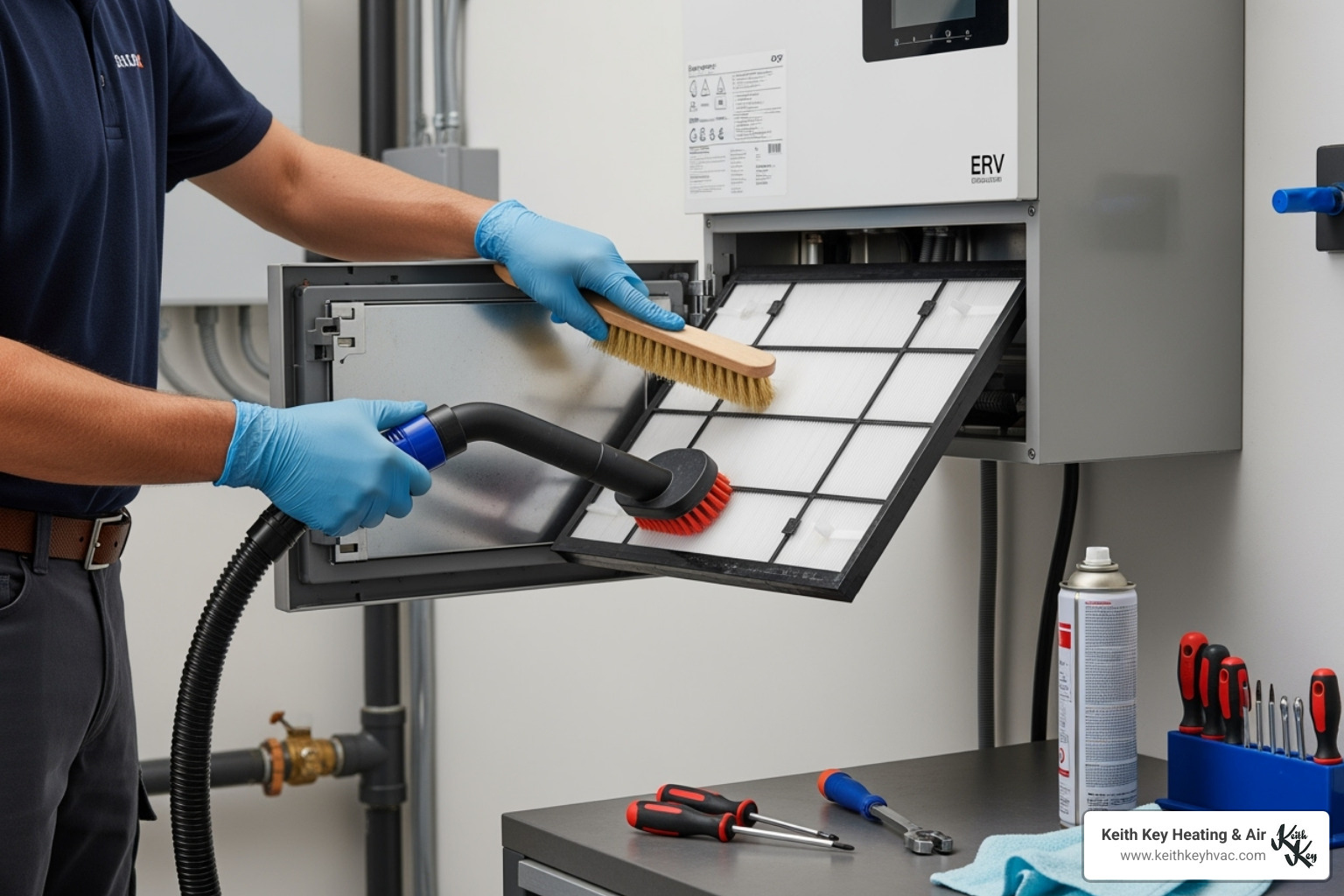 technician cleaning an ERV filter - erv system installation tallahassee