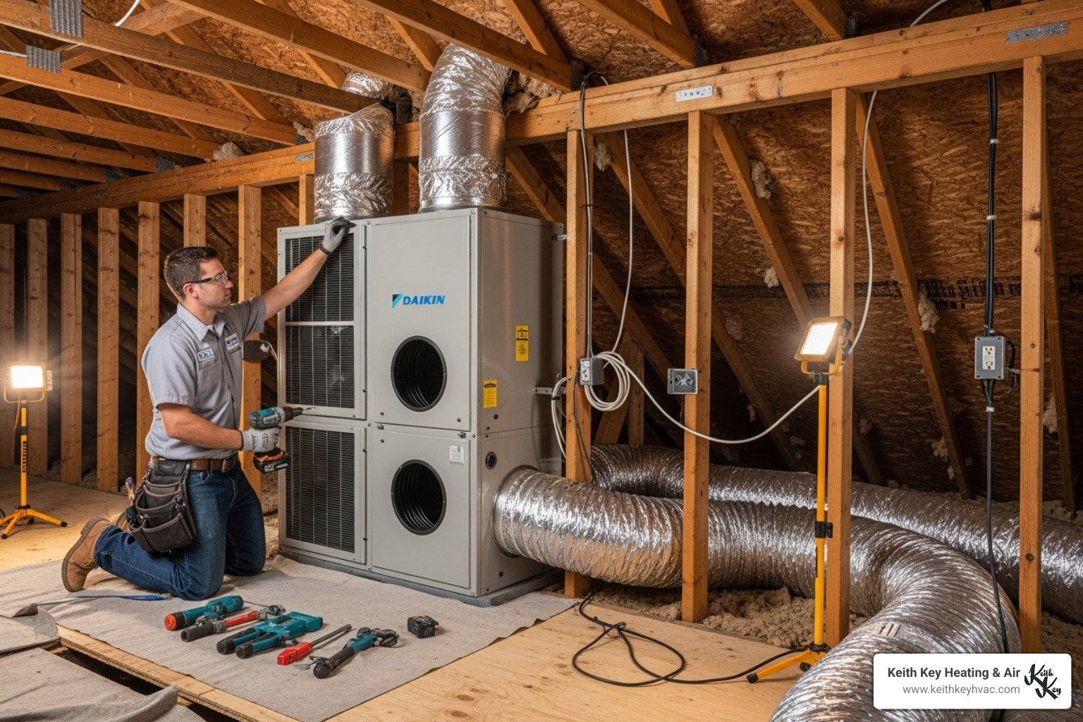 technician professionally installing an ERV unit in an attic or utility space - erv system installation tallahassee