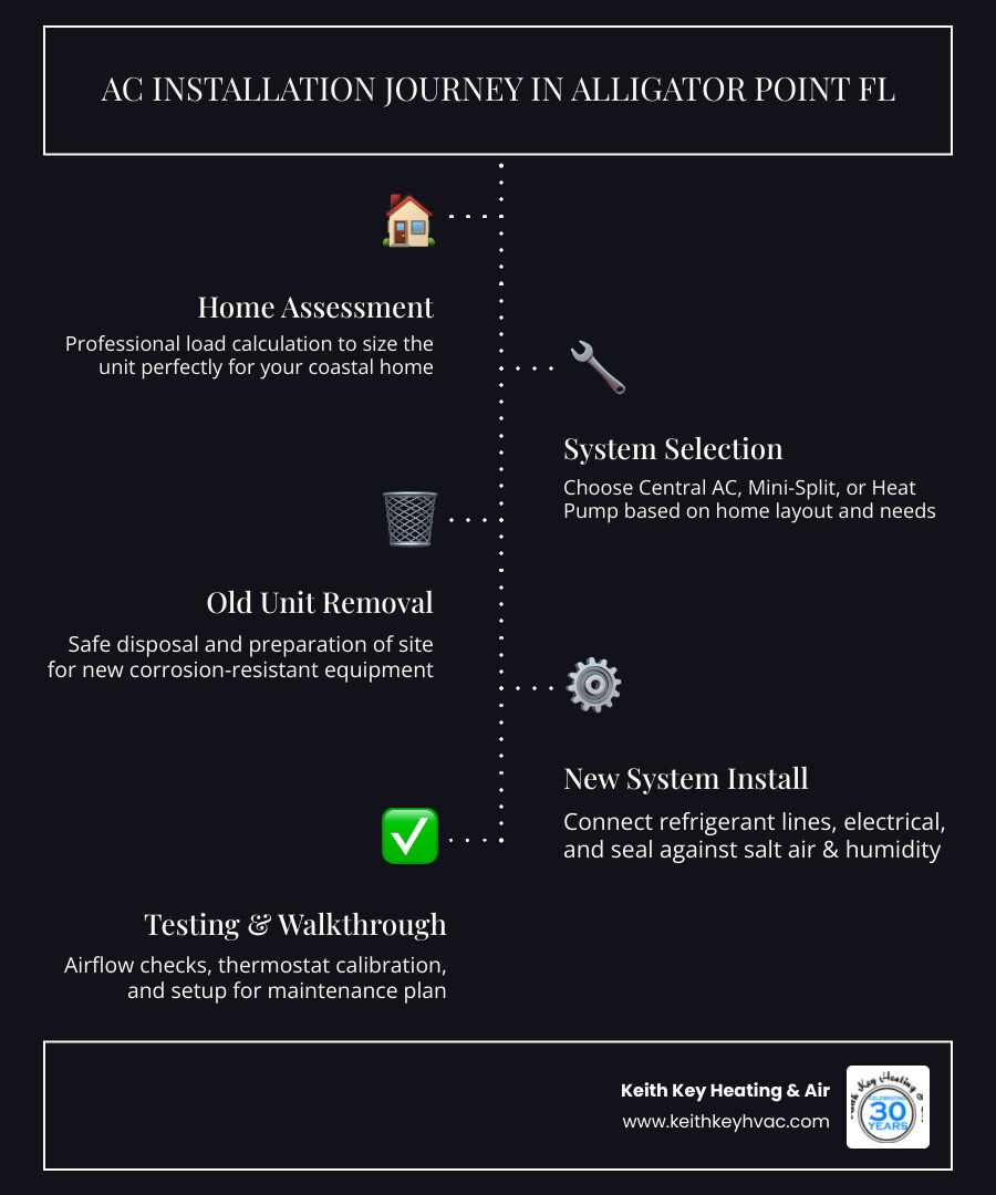 Infographic showing the AC installation journey in Alligator Point FL: Step 1 - Home assessment and load calculation; Step 2 - System selection (Central AC, Mini-Split, or Heat Pump); Step 3 - Removal of old unit; Step 4 - Installation of new system with refrigerant lines and electrical connections; Step 5 - Airflow and thermostat testing; Step 6 - Final walkthrough and maintenance plan setup; with callout notes on coastal considerations like salt air resistance and humidity control - ac installation in alligator point fl infographic infographic-line-5-steps-dark
