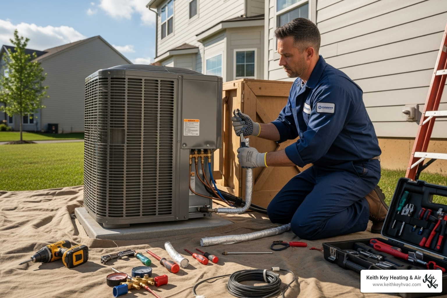 Technician carefully installing an outdoor AC unit - ac installation crawfordville fl Technician carefully installing an outdoor AC unit - ac installation crawfordville fl