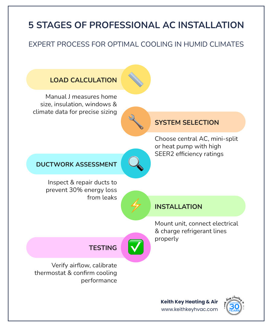 Infographic showing the 5 stages of professional AC installation in Crawfordville FL: Stage 1 - Manual J Load Calculation with home measurements and climate data inputs; Stage 2 - System Selection showing central AC, mini-split, and heat pump options with SEER ratings; Stage 3 - Ductwork Assessment with a diagram of leaky vs. sealed ducts and 30% energy loss statistic; Stage 4 - Installation showing outdoor condenser placement, electrical connections, and refrigerant line setup; Stage 5 - Final Testing with thermostat calibration, airflow verification, and homeowner walkthrough checklist - ac installation in crawfordville fl infographic infographic-line-5-steps-colors