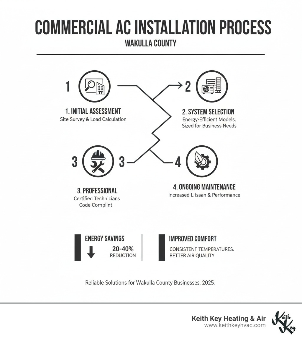 Comprehensive infographic showing the step-by-step commercial AC installation process in Wakulla County, including initial assessment, system selection, professional installation by certified technicians, and ongoing maintenance benefits with energy savings percentages and comfort improvements - commercial ac installation in wakulla county infographic 