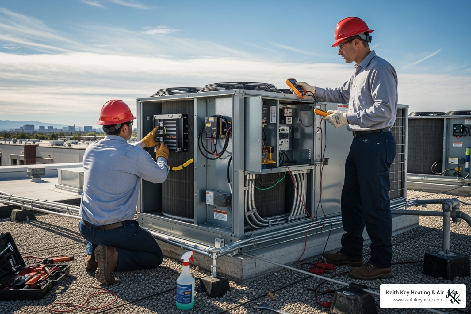 technicians safely working on a large commercial rooftop AC unit - commercial ac installation in wakulla county