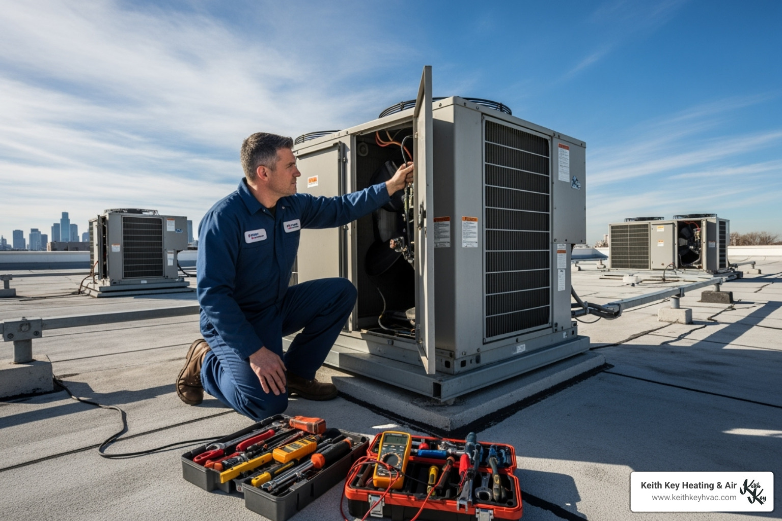 technician performing a maintenance check on a commercial AC unit - commercial ac installation in wakulla county
