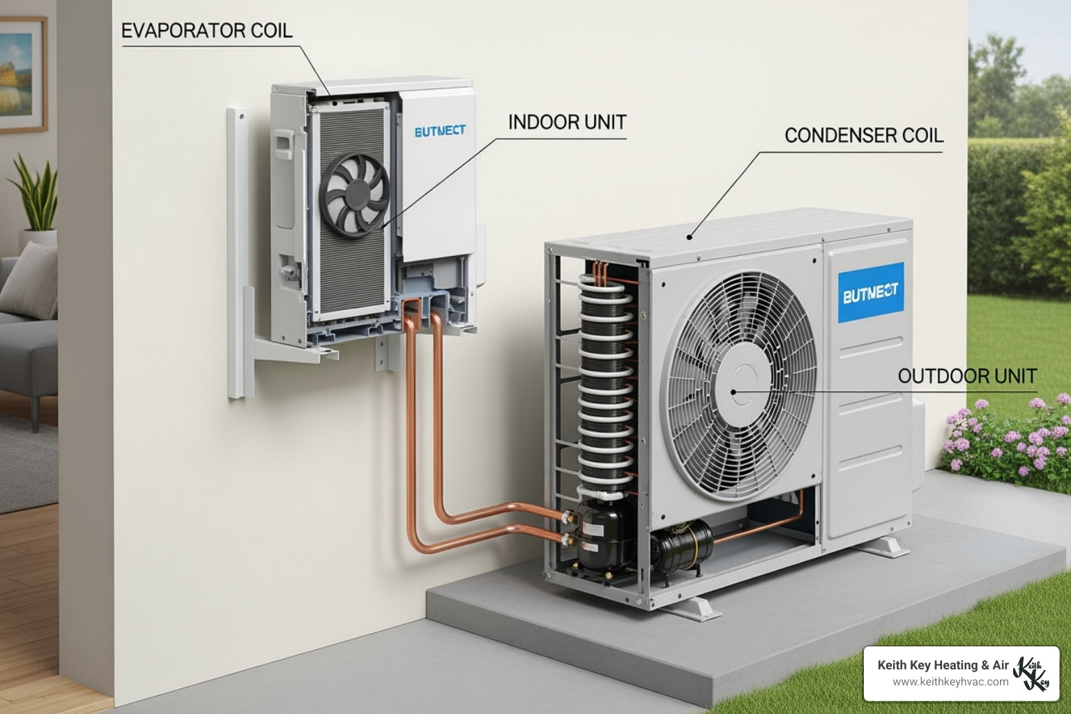 Diagram showing the location of the indoor evaporator coil and the outdoor condenser coil in a typical split HVAC system - ac coil cleaning crawfordville fl