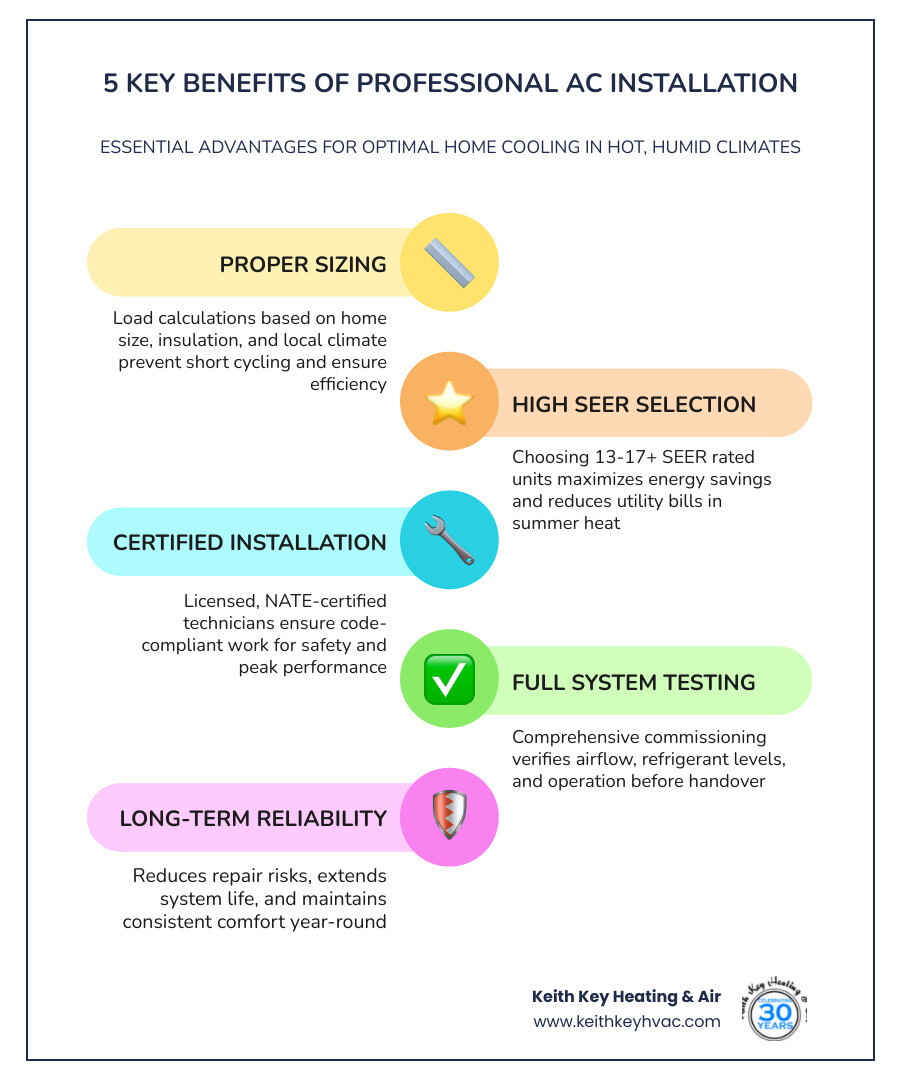 Infographic showing 5 key benefits of professional AC installation in Ochlocknee FL: proper sizing with load calculations for the local climate, high SEER rating selection for energy savings, licensed and certified technician installation, full system testing and commissioning, and long-term reliability with reduced repair risk — displayed as a vertical step-by-step checklist with icons for each benefit and a warm, home-comfort color scheme - best ac installation ochlocknee, fl infographic infographic-line-5-steps-colors Infographic showing 5 key benefits of professional AC installation in Ochlocknee FL: proper sizing with load calculations for the local climate, high SEER rating selection for energy savings, licensed and certified technician installation, full system testing and commissioning, and long-term reliability with reduced repair risk — displayed as a vertical step-by-step checklist with icons for each benefit and a warm, home-comfort color scheme - best ac installation ochlocknee, fl infographic infographic-line-5-steps-colors