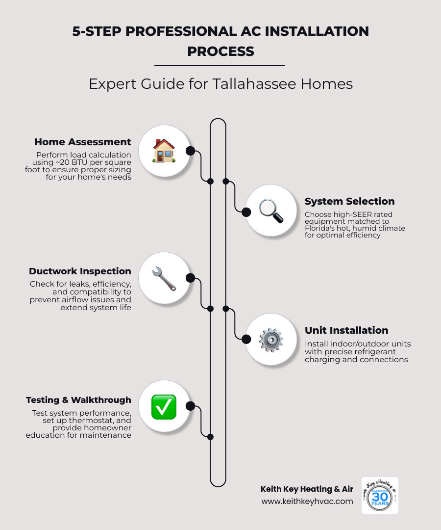 Infographic showing the 5-step professional AC installation process: Step 1 - Home assessment and load calculation using BTU per square foot; Step 2 - System selection including SEER rating comparison and equipment sizing; Step 3 - Ductwork inspection and preparation; Step 4 - Installation of indoor and outdoor units with refrigerant charging; Step 5 - System testing, thermostat setup, and homeowner walkthrough; with icons for each step and a Florida sun/humidity graphic in the background - best ac installation tallahassee, fl infographic infographic-line-5-steps-elegant_beige Infographic showing the 5-step professional AC installation process: Step 1 - Home assessment and load calculation using BTU per square foot; Step 2 - System selection including SEER rating comparison and equipment sizing; Step 3 - Ductwork inspection and preparation; Step 4 - Installation of indoor and outdoor units with refrigerant charging; Step 5 - System testing, thermostat setup, and homeowner walkthrough; with icons for each step and a Florida sun/humidity graphic in the background - best ac installation tallahassee, fl infographic infographic-line-5-steps-elegant_beige