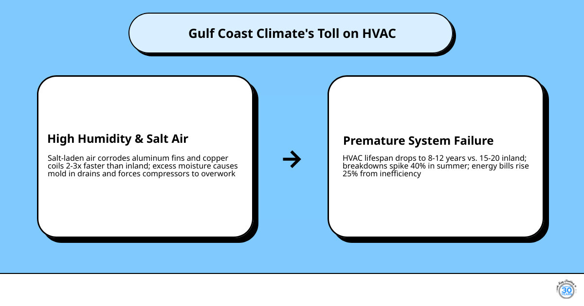 Infographic showing how Gulf Coast humidity and salt air affect HVAC system components and lifespan - best ac repair