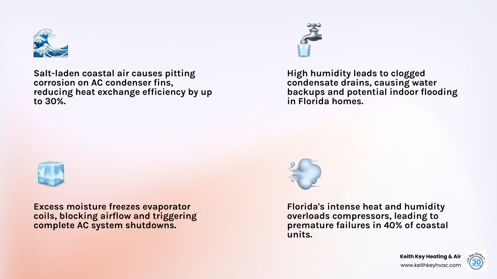 Infographic showing common AC failure points in Florida coastal homes including salt corrosion, clogged drains, frozen