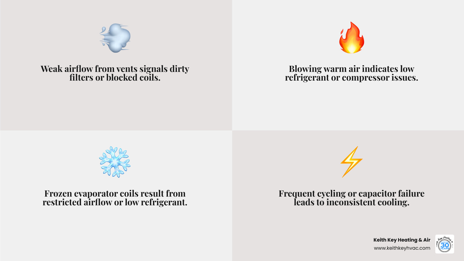 infographic showing common AC failure points in Florida homes including refrigerant leaks frozen coils dirty filters and