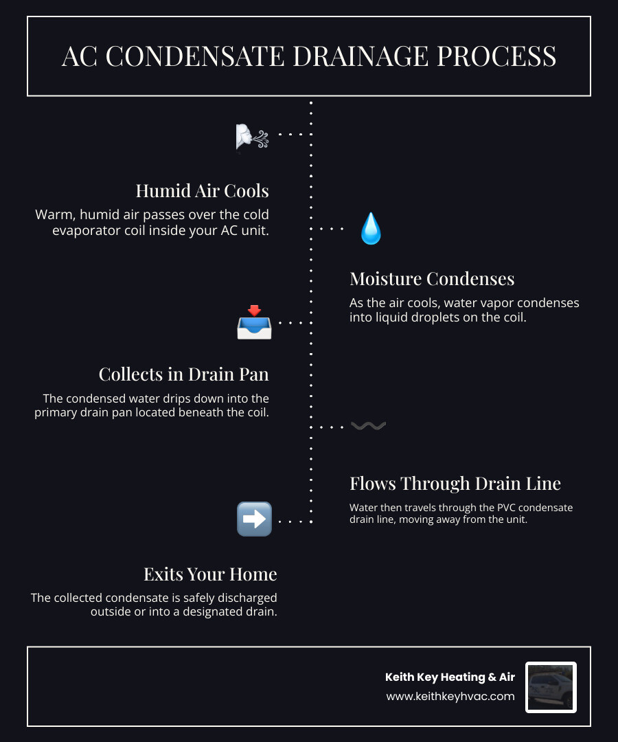 Infographic showing the AC condensate drainage process from evaporator coil to drain pan to PVC line to outdoor exit - how Infographic showing the AC condensate drainage process from evaporator coil to drain pan to PVC line to outdoor exit - how