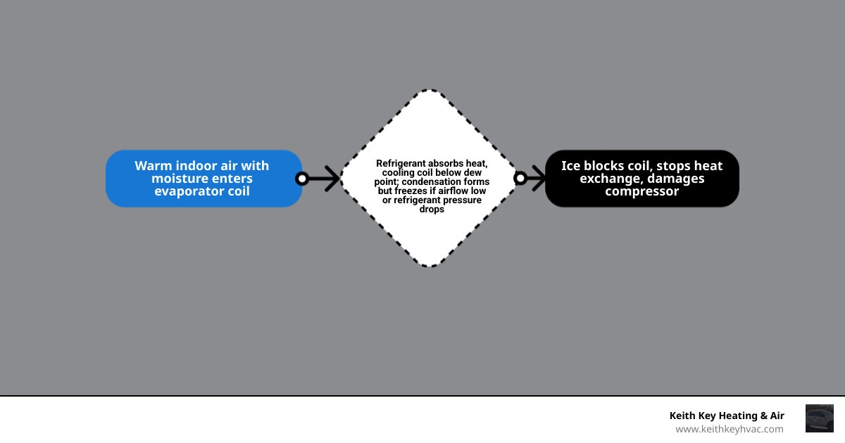 Infographic showing how AC heat exchange works and why moisture freezes on evaporator coils when airflow or refrigerant is Infographic showing how AC heat exchange works and why moisture freezes on evaporator coils when airflow or refrigerant is