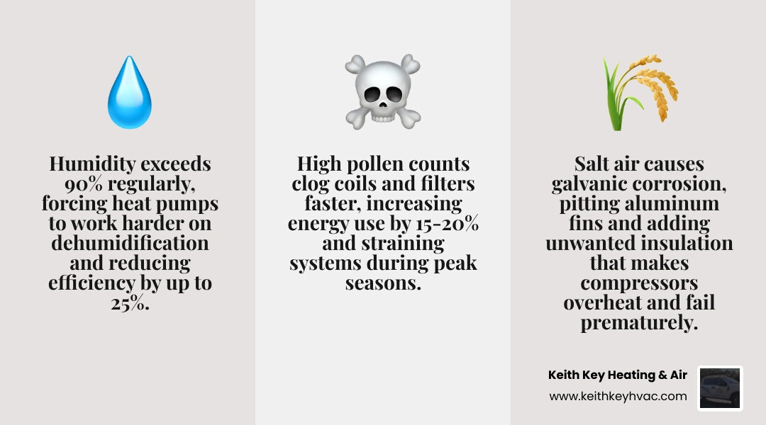 Infographic showing how Gulf Coast salt air, humidity, and pollen affect heat pump efficiency and maintenance schedule