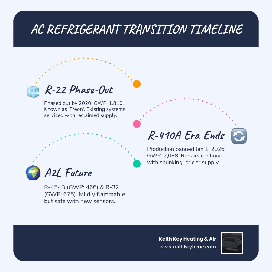 Infographic showing refrigerant timeline from R-22 to R-410A to A2L refrigerants with GWP values and key transition dates
