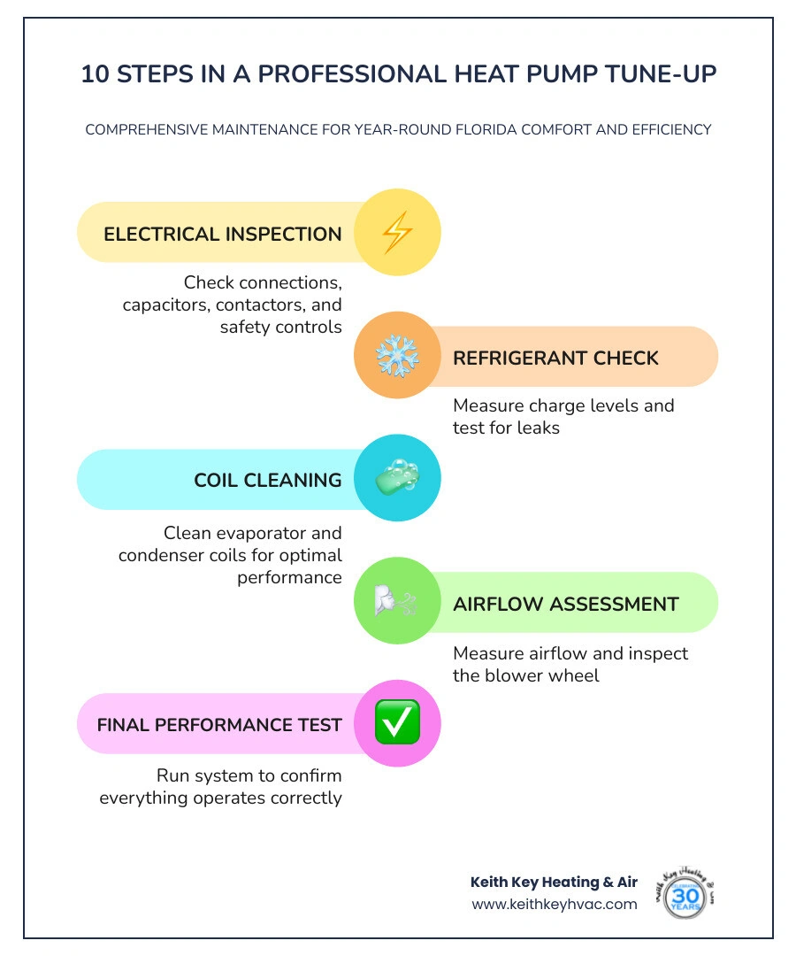 Infographic showing 10 steps of a professional heat pump tune-up including electrical checks, refrigerant assessment, coil Infographic showing 10 steps of a professional heat pump tune-up including electrical checks, refrigerant assessment, coil