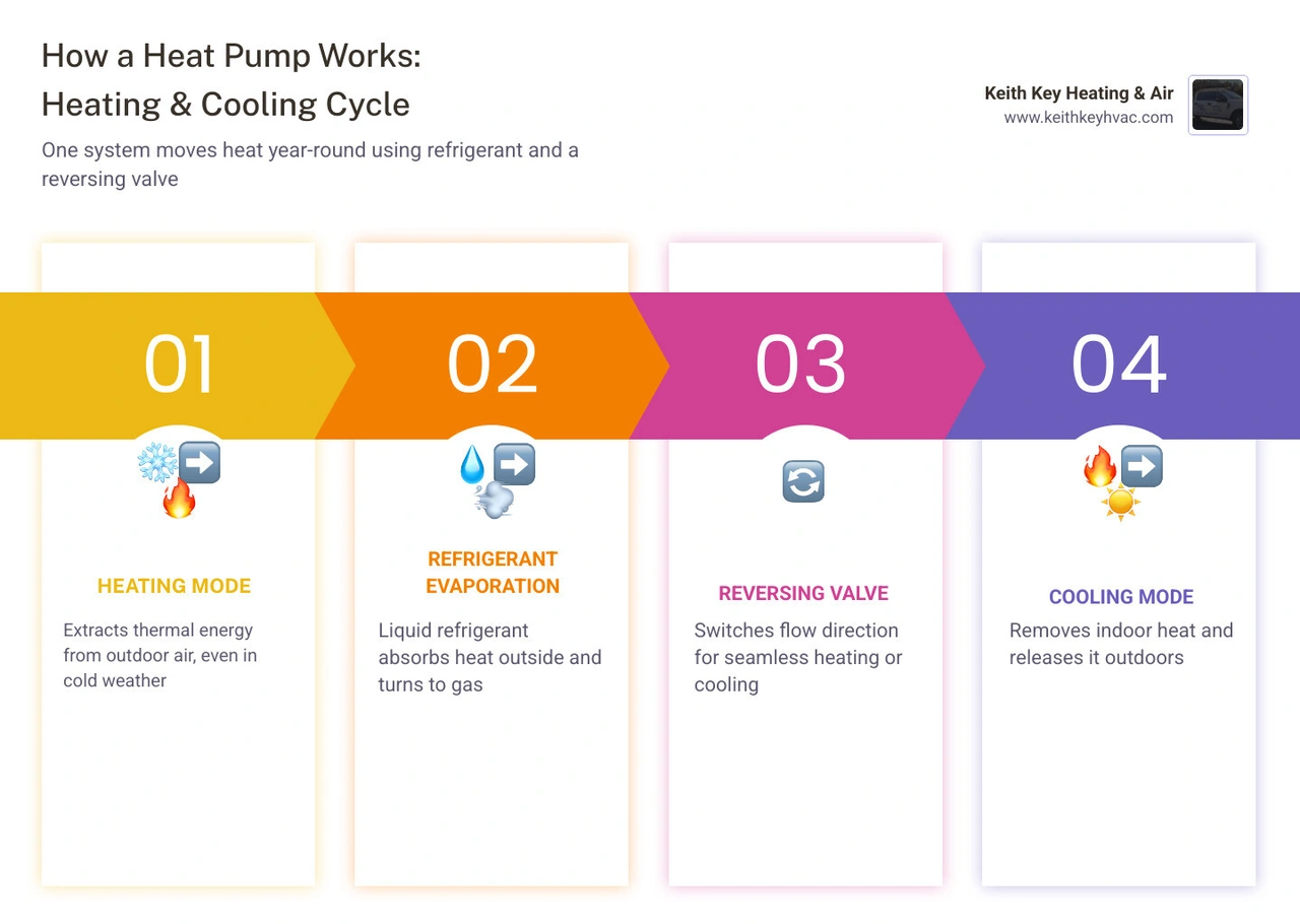 infographic showing heat pump heating and cooling cycle with refrigerant flow and key components - how a heat pump works for