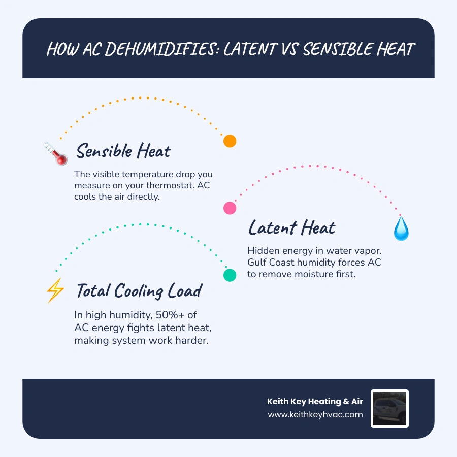 Infographic showing how an AC acts as a dehumidifier, latent vs sensible heat, and humidity impact on efficiency infographic Infographic showing how an AC acts as a dehumidifier, latent vs sensible heat, and humidity impact on efficiency infographic
