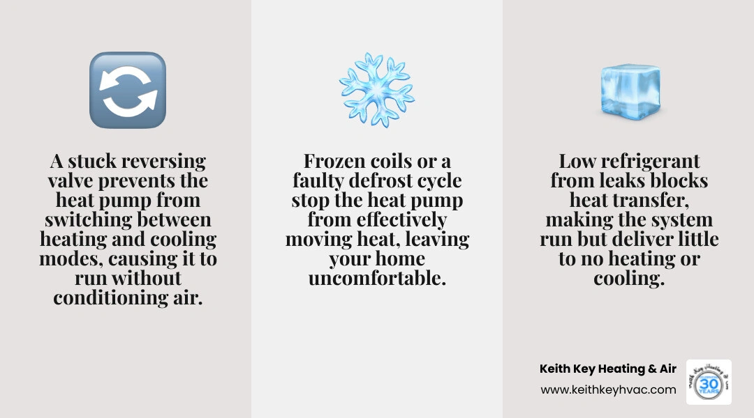 Infographic showing 7 common reasons a heat pump runs without heating or cooling and quick homeowner checks infographic Infographic showing 7 common reasons a heat pump runs without heating or cooling and quick homeowner checks infographic