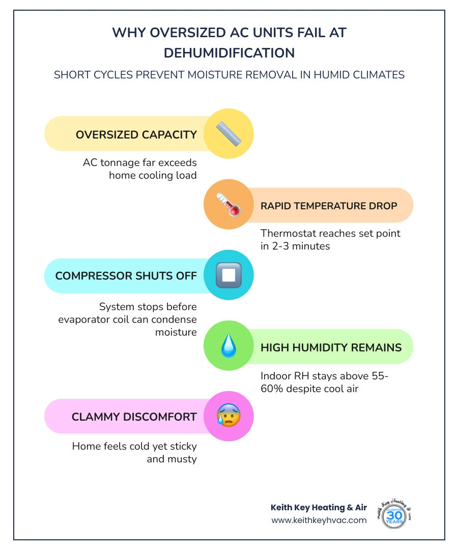 Infographic showing oversized AC short cycling vs. properly sized AC with longer run times and lower indoor humidity levels