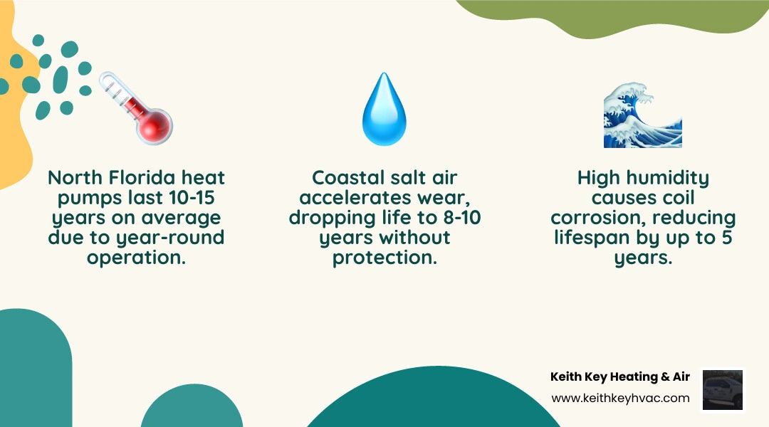 Infographic showing heat pump lifecycle in North Florida: 10-15 year average lifespan, key stressors like humidity and salt Infographic showing heat pump lifecycle in North Florida: 10-15 year average lifespan, key stressors like humidity and salt