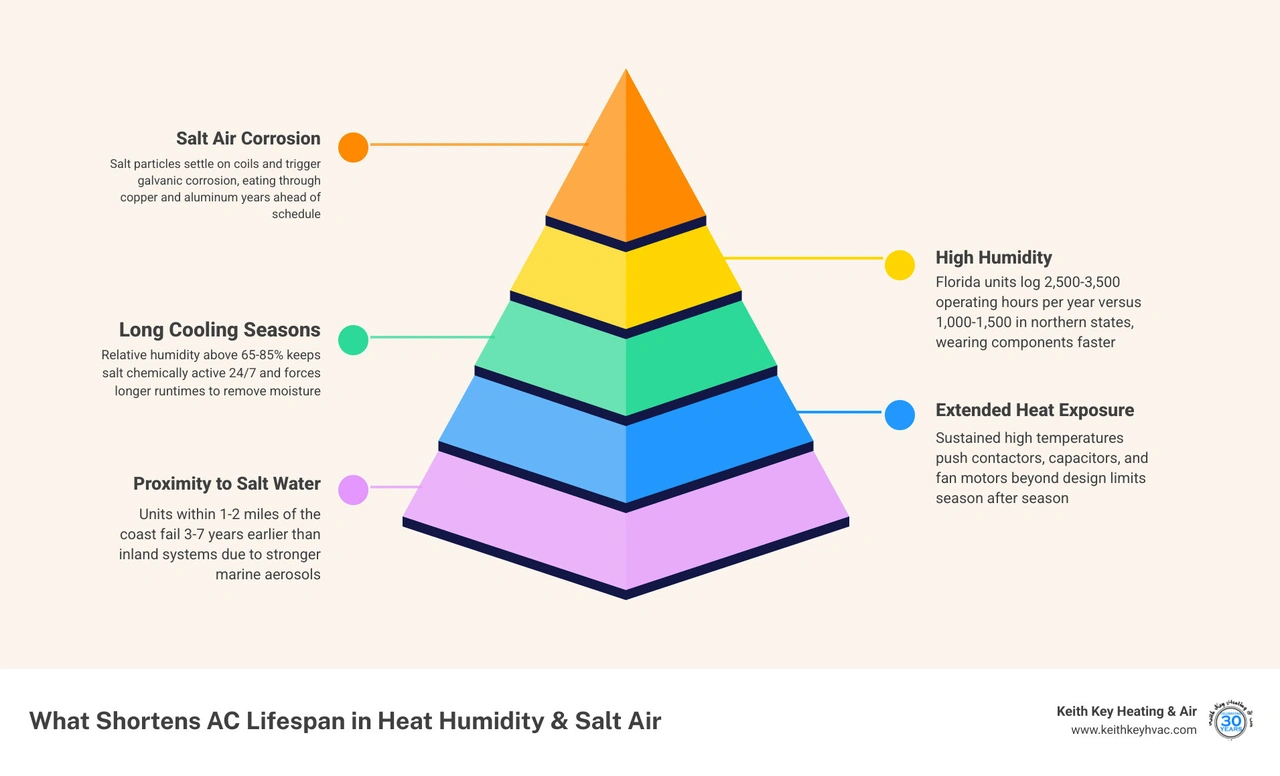 infographic showing how salt air heat and humidity degrade AC components and reduce system lifespan infographic infographic showing how salt air heat and humidity degrade AC components and reduce system lifespan infographic