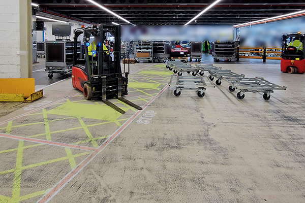 Projected safety path reducing delays and accidents in car plant