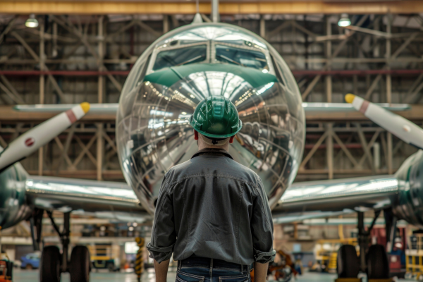 worker in an aerospace engine facility