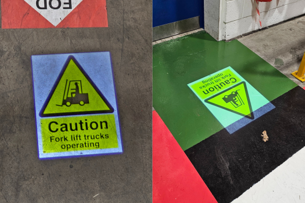 Dynamic warning sign for forklift activity in aerospace assembly facility