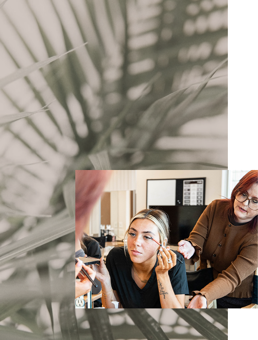 SMI students practicing skincare and makeup techniques in the classroom
