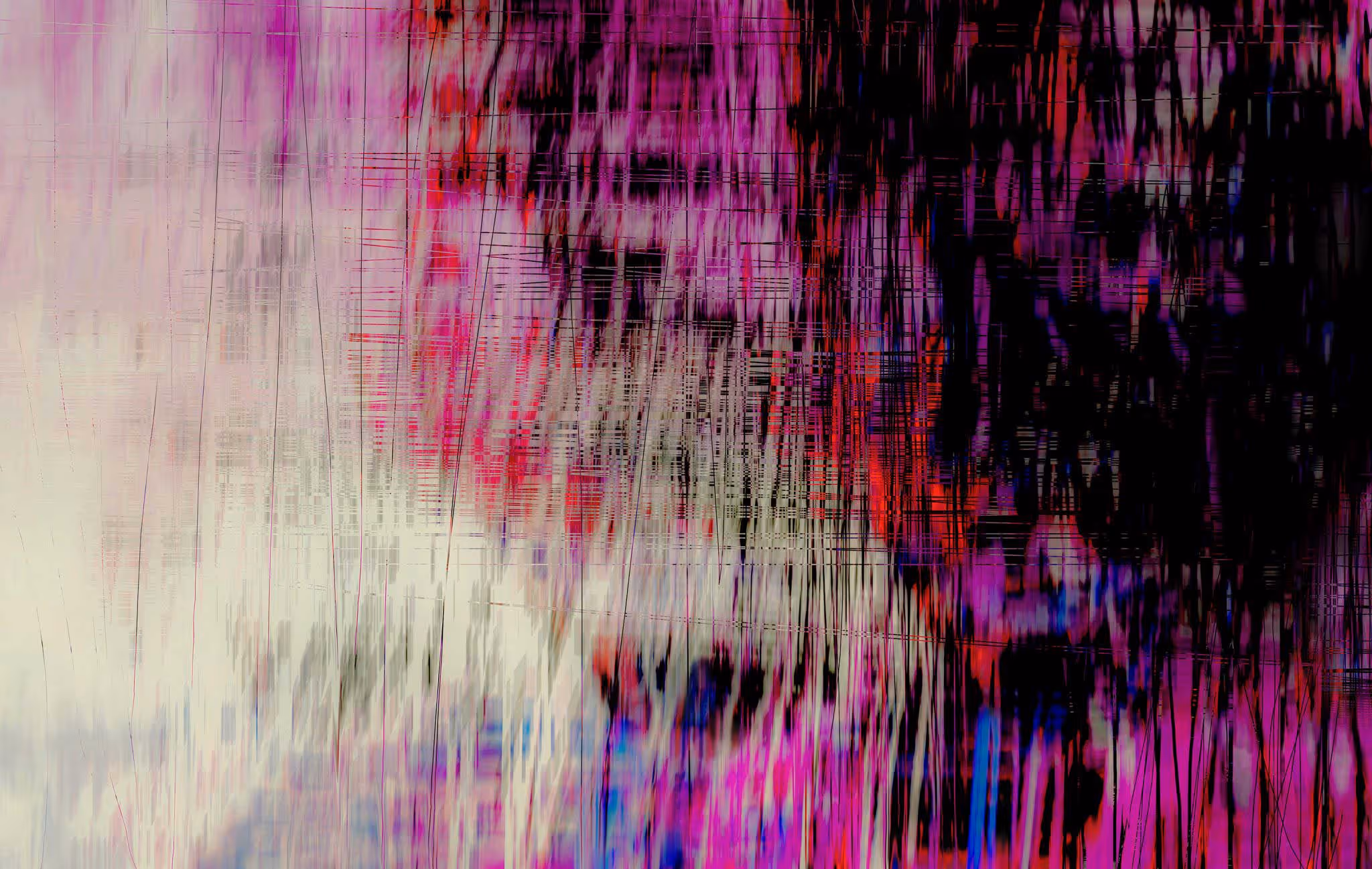 Abstraktes digitales Kunstbild mit vertikalen Linien in Rot-, Violett- und Schwarztönen auf hellem Hintergrund von Martina Ziegler.
