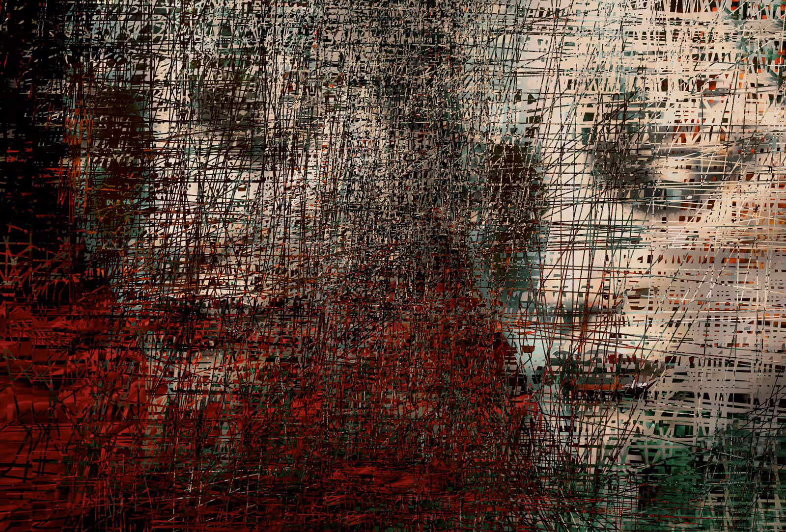 Abstraktes Kunstwerk mit dichtem Netz aus schwarzen, roten und weißen Linien, die über eine verschwommene Figur gelegt sind.
