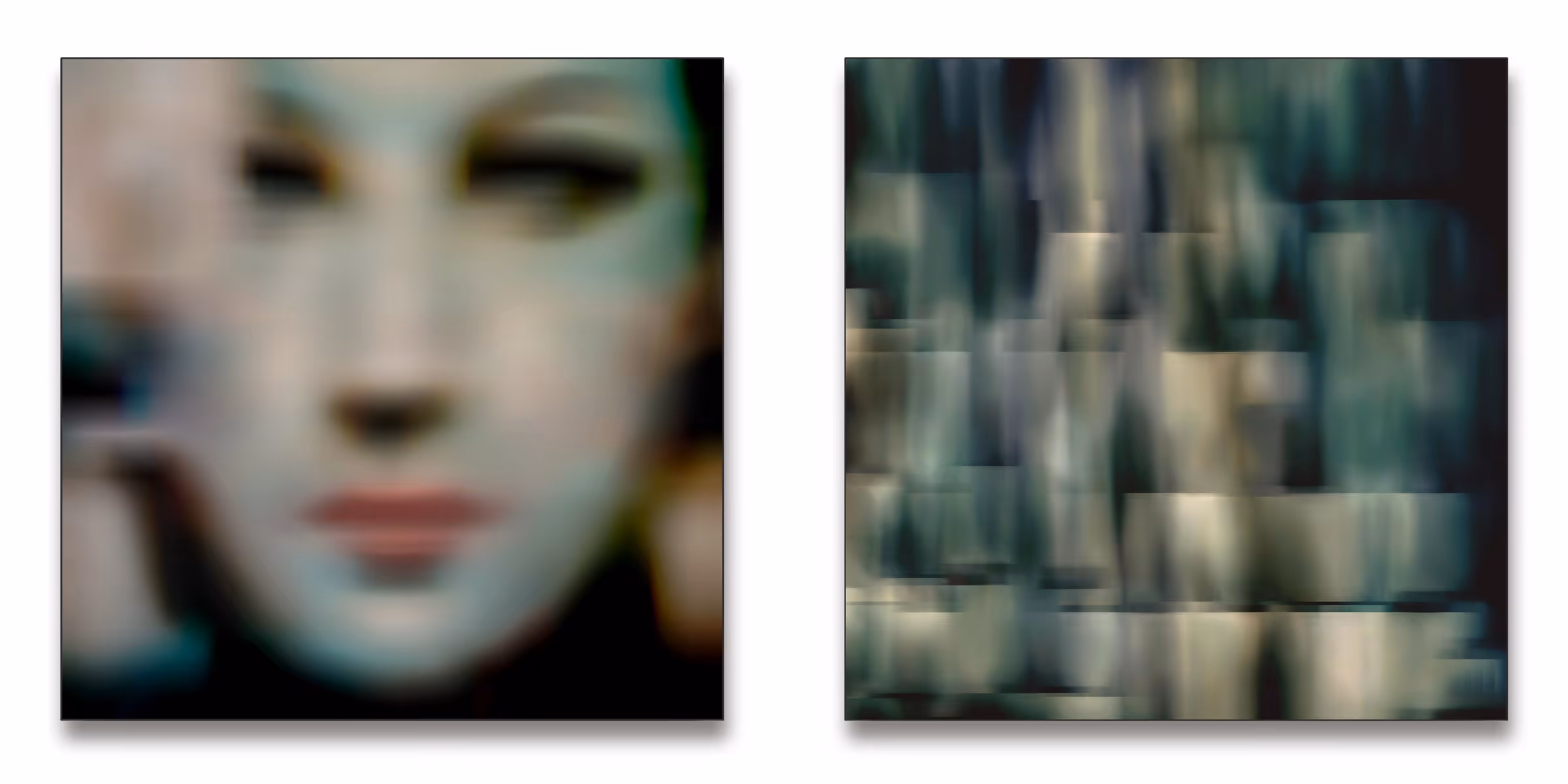 Dreiteiliges Kunstwerk mit schwarzen, leicht strukturierten rechteckigen Flächen auf weißem Hintergrund.